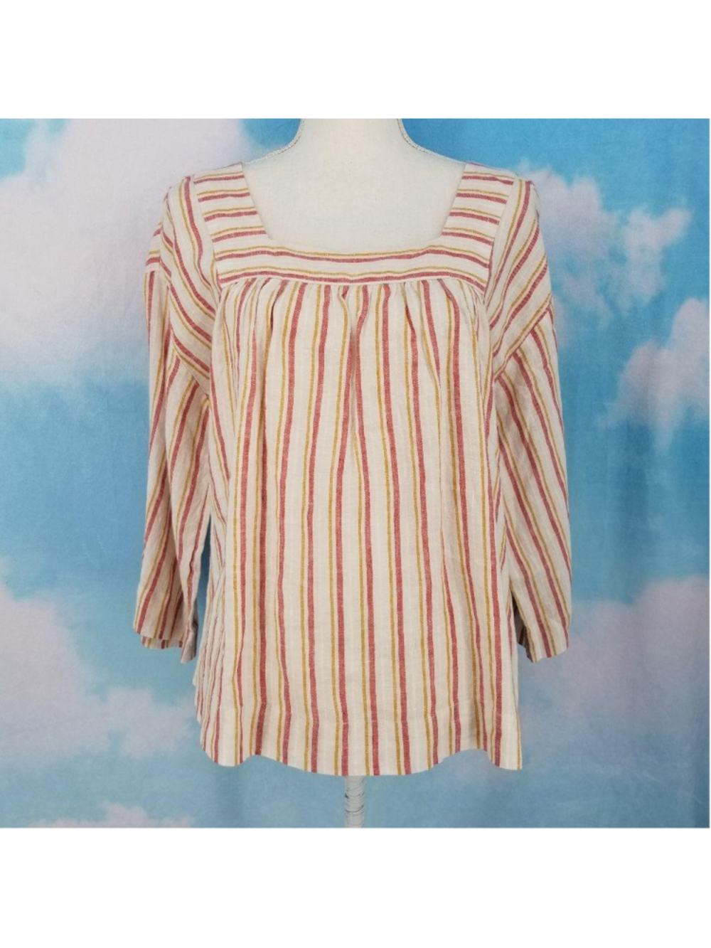 Rachel Zoe Cream Striped Linen Boho Top Medium NWT Square Neck